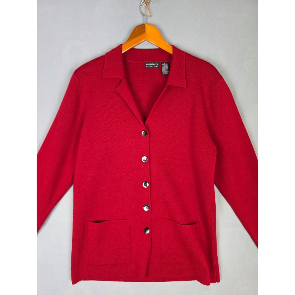 Vintage Liz Claiborne Collection Red Knit Cardigan Marino Wool Large Office